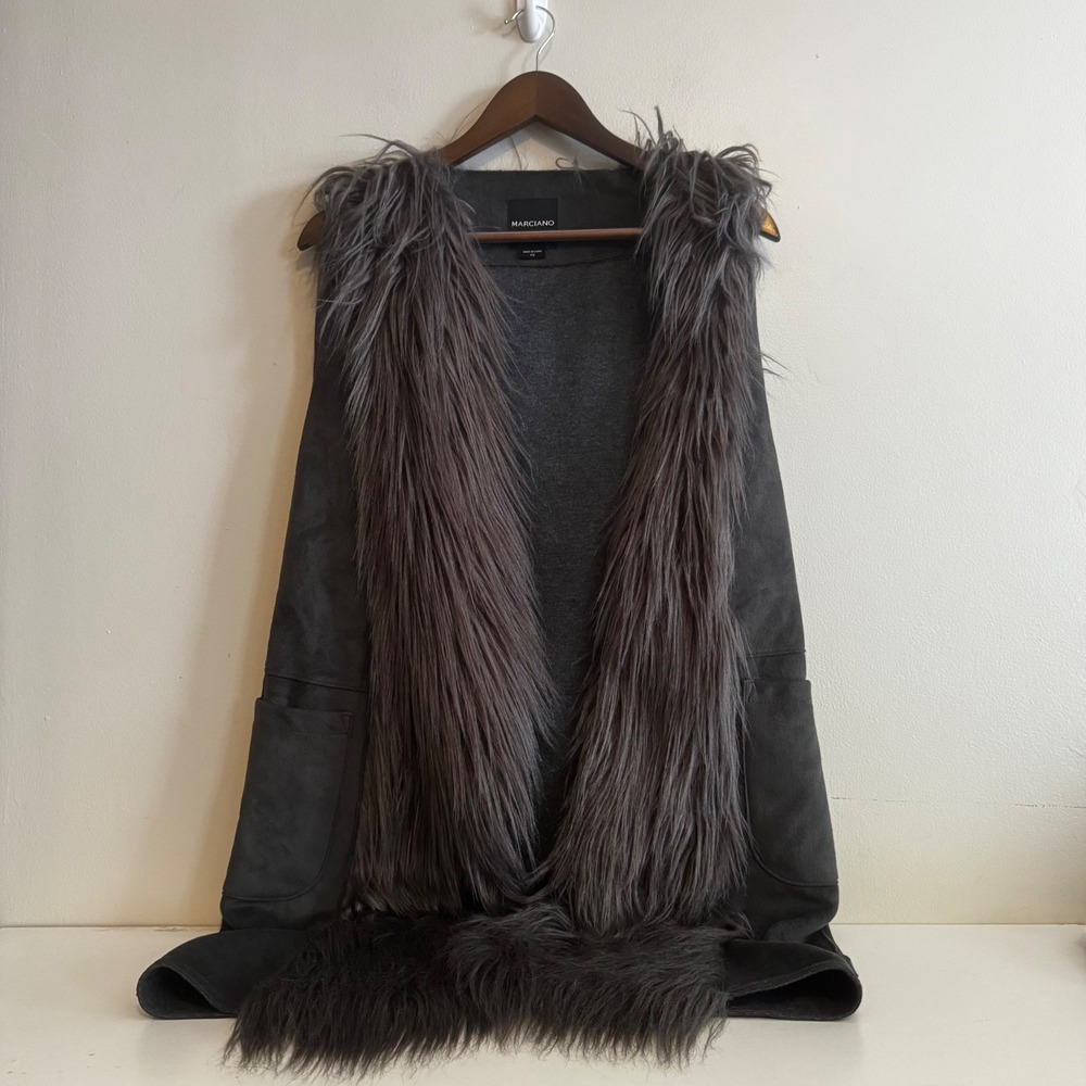 Marciano Women's Gray Faux Suede Fur Trim Vest XS Penny Lane Fall Layers